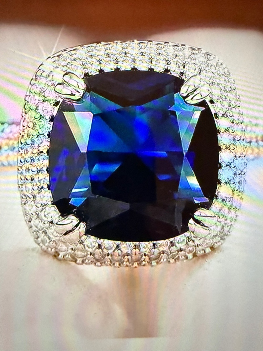 5 Carat Blue & White Sapphire Ring: Cushion Cut, Triple Halo, 14kt White/Silver